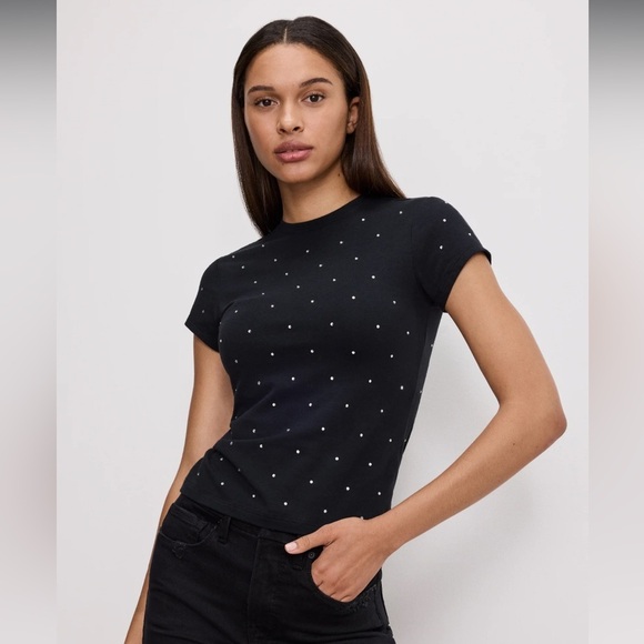 NEW Good American Crystal Baby Tee in Black - Size S - Picture 1 of 8